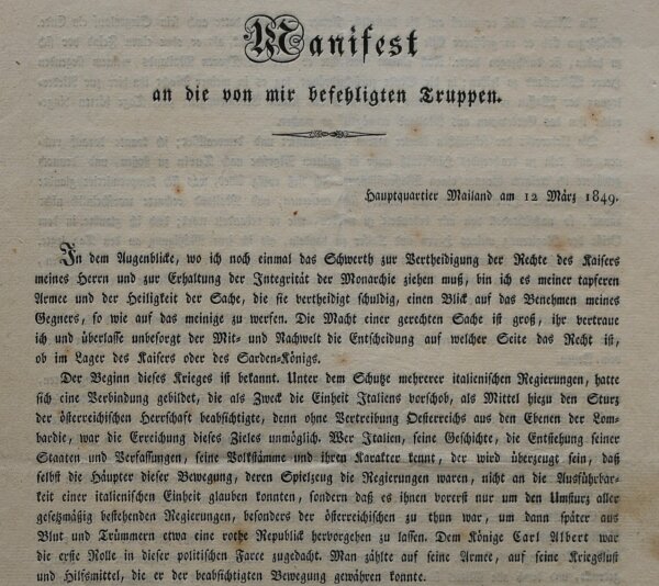 Josef Wenzel Radetzky von Radetz - Manifest Radietzky an seine Truppen 1849 - Druck - 12. März 1849
