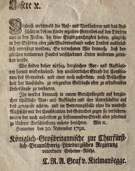 Carl Rudolph August von Kielmannsegge - Erlass illegaler Getreidehandel Hannover 1792 - Druck - 1792