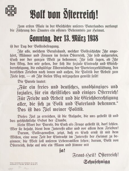 Kurt Schuschnigg - Aushang Aufruf unabhängiges Österreich 1938 - Druck - 13. März 1938