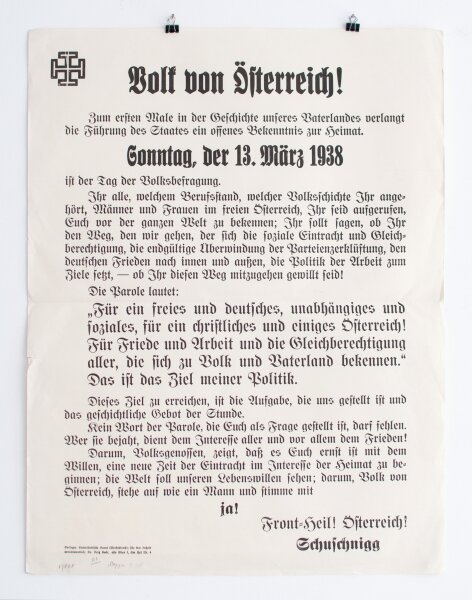 Kurt Schuschnigg - Aushang Aufruf unabhängiges Österreich 1938 - Druck - 13. März 1938